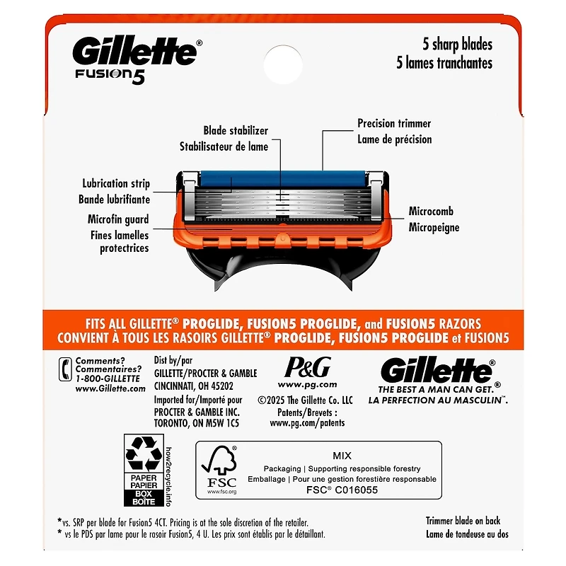 Cartouches de rechange de rasoir Gillette Fusion5 pour hommes, cartouches de rasoir, bande lubrifiante, lame de précision pour hommes