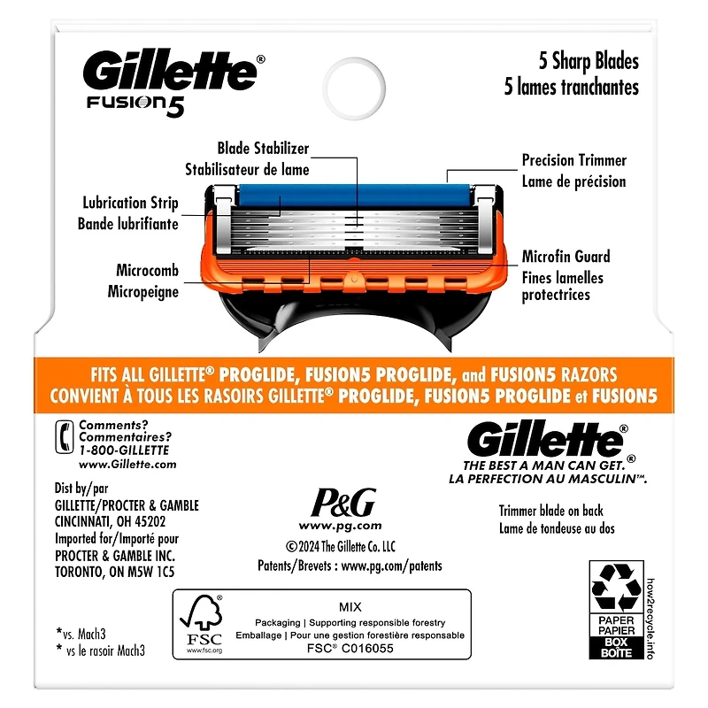 Cartouches de rechange de rasoir Gillette Fusion5 pour hommes, 4 cartouches de rasoir, bande lubrifiante, lame de précision pour hommes, cartouches à 5 lames de rasoir pour un rasage de près