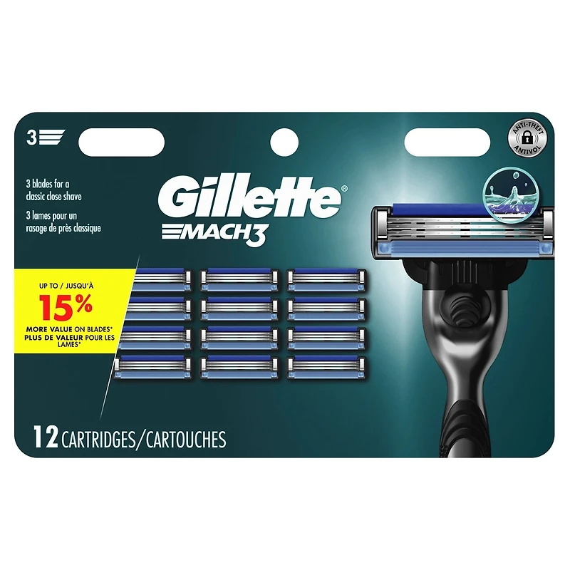 Cartouches de rechange Gillette Mach3, 12 cartouches de rasoir, cartouches de rechange pour hommes avec bande lubrifiante, 3 lames de rasoir pour un rasage de près