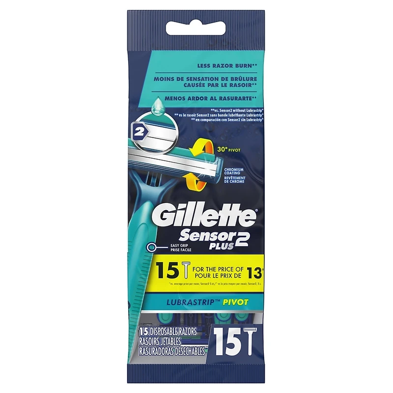 Gillette Sensor2 Plus Pivoting Head Men’s Disposable Razors, 15 Count