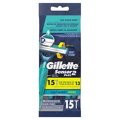 Rasoirs jetables Gillette Sensor2 Plus à tête pivotante pour hommes, 15 unités