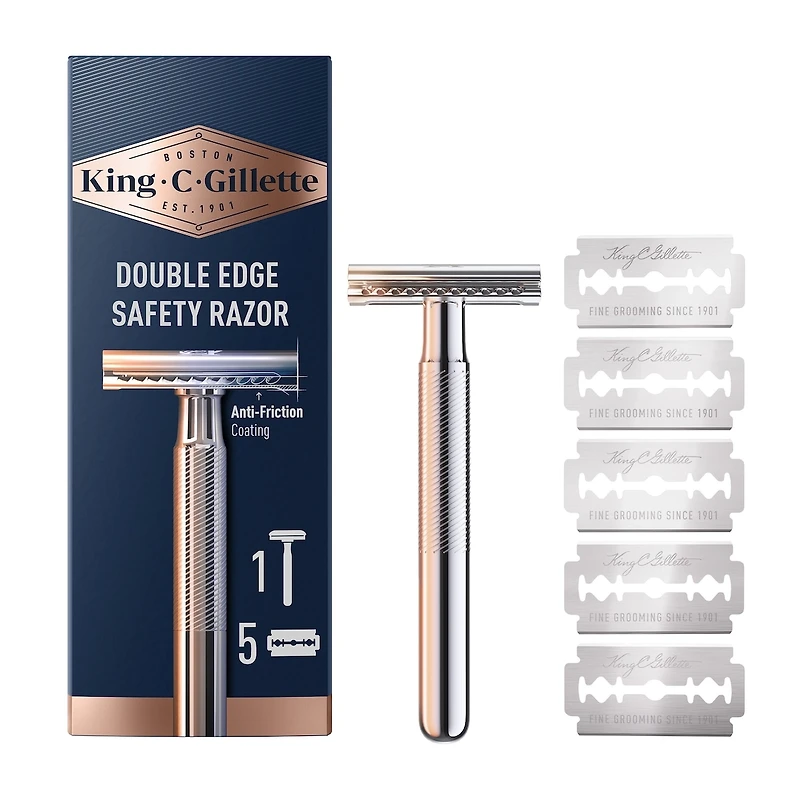King C. Gillette Double Edge Safety Razor Handle and 5 stainless-steel blades with anti-friction coating