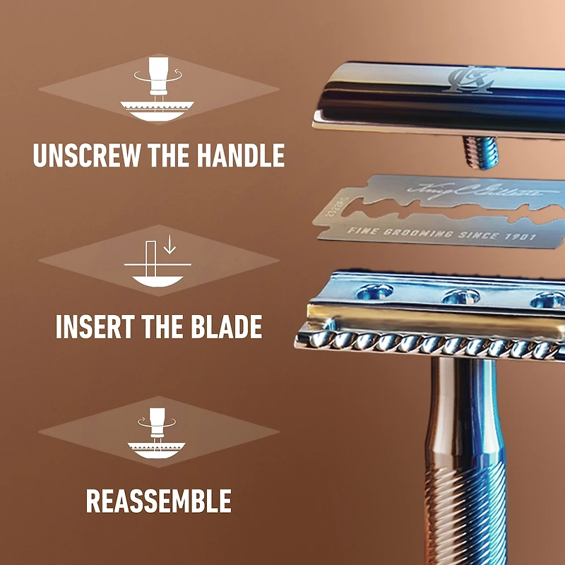 Manche de rasoir de sûreté à double tranchant King C. Gillette et 5 lames en acier inoxydable avec revêtement antifriction