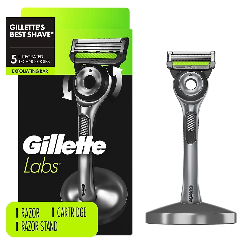 Rasoir GilletteLabs pour hommes avec barre exfoliante, 1 manche, 1 cartouches de rechange, comprend un socle magnétique haut de gamme