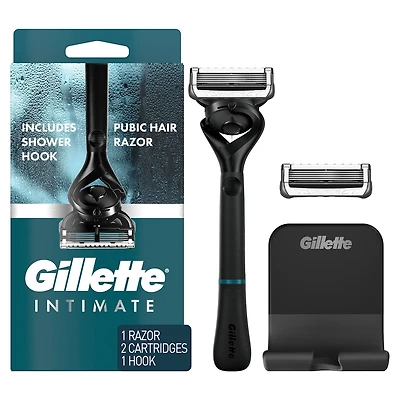Rasoir pour poils pubiens pour hommes Gillette Intimate, rasoir pour poils pubiens et rasage corporel pour homme, doux et facile à utiliser, conçu pour les poils pubiens, 1 manche de rasoir, 2 cartouches de rechange