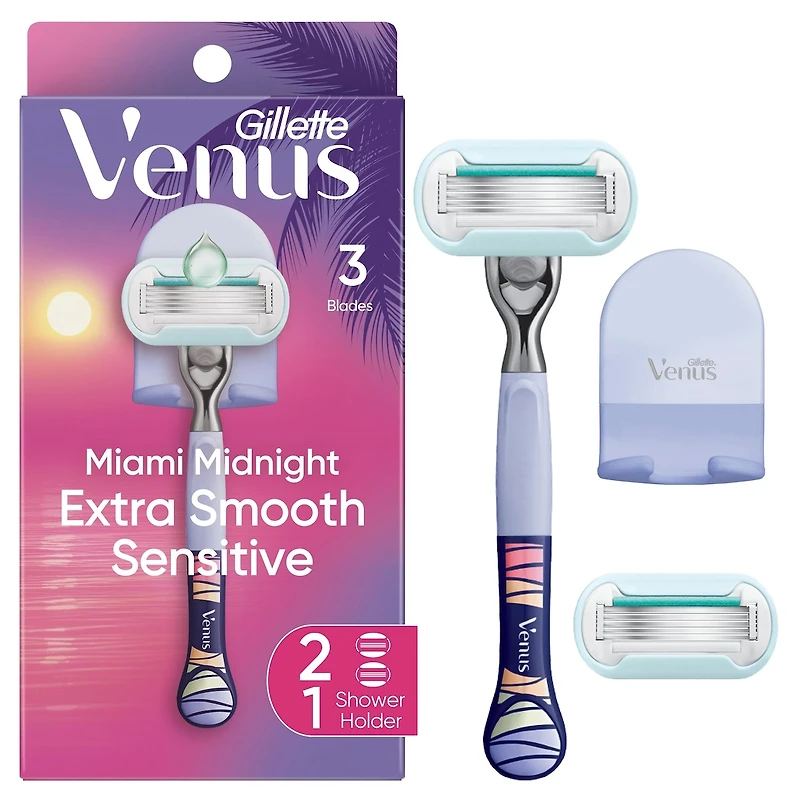 Gillette Venus Miami Midnight Extra Smooth Sensitive Razor Handle, 2 Refills, 1 Shower Hook