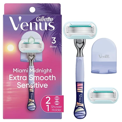 Gillette Venus Miami Midnight Extra Smooth Sensitive Razor Handle, 2 Refills, 1 Shower Hook