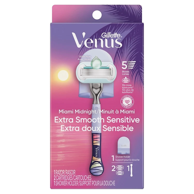 Gillette Venus Miami Midnight Extra Smooth Sensitive Razor Handle, 2 Refills, 1 Shower Hook