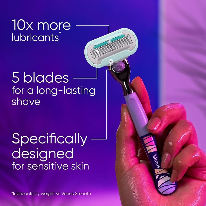 Gillette Venus Miami Midnight Extra Smooth Sensitive Razor Handle, 2 Refills, 1 Shower Hook