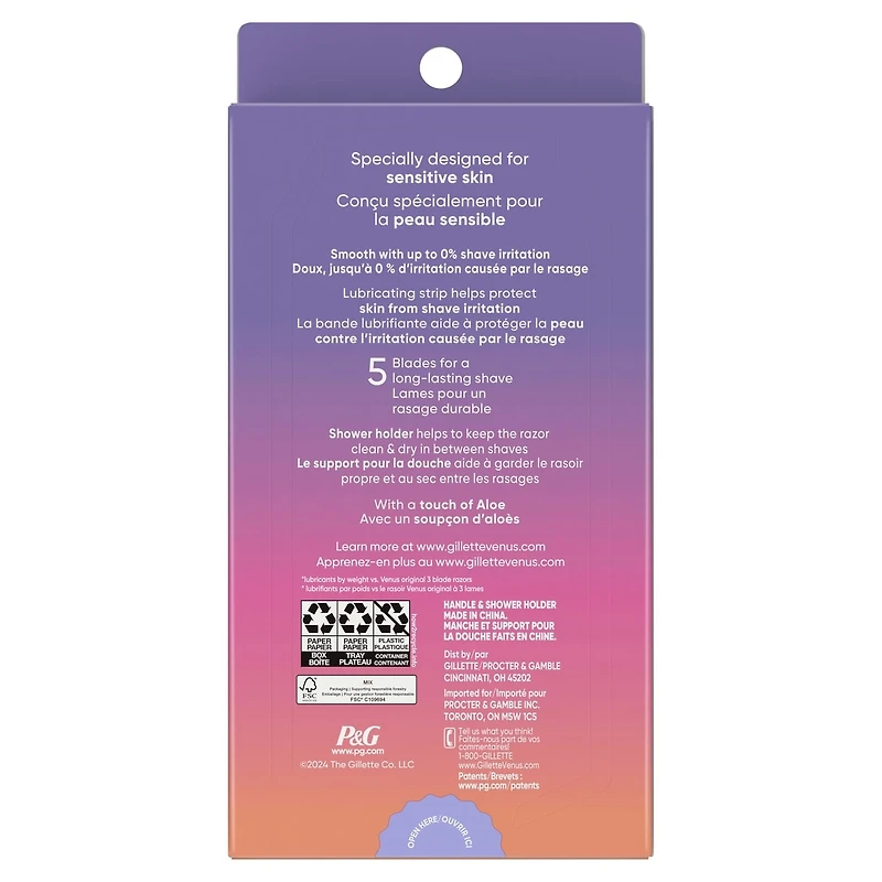 Gillette Venus Miami Midnight Extra Smooth Sensitive Razor Handle, 2 Refills, 1 Shower Hook