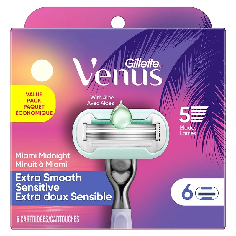 Gillette Venus Miami Midnight Extra Smooth Sensitive Women's Razor Refills, 6 ct