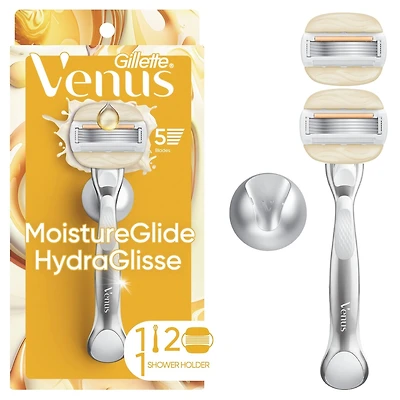 Venus Moistureglide Women's Razor, Reusable Handle, 2 Razor Blade Refills and Shower Holder