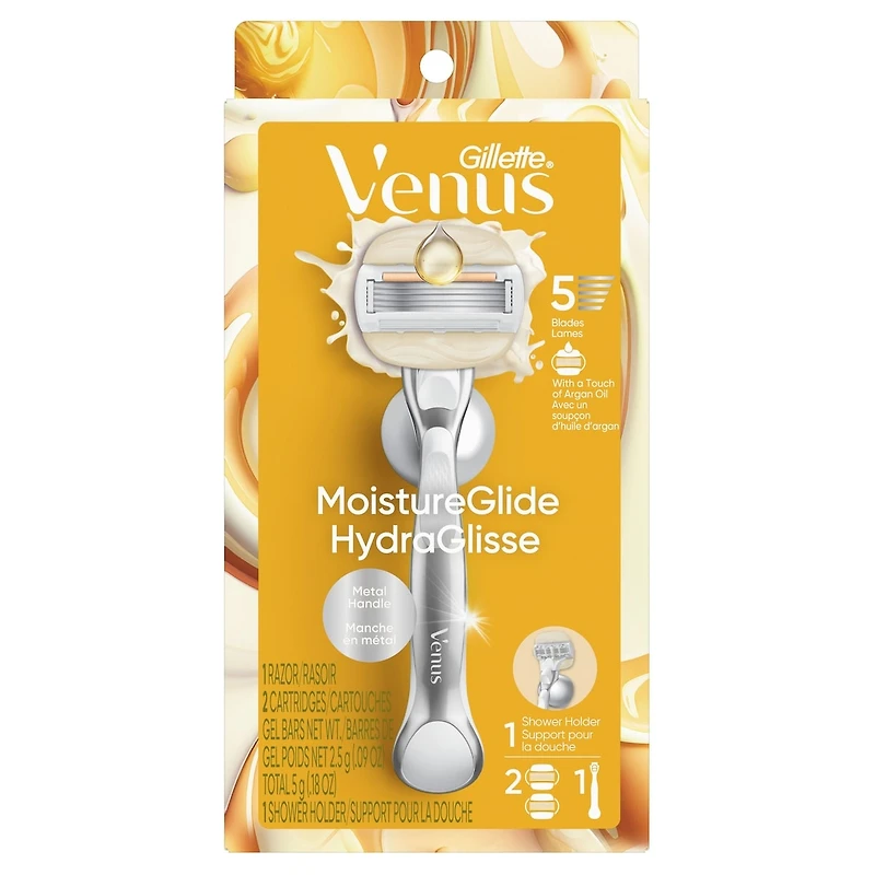 Venus Moistureglide Women's Razor, Reusable Handle, 2 Razor Blade Refills and Shower Holder