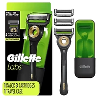 Rasoir Gillette Labs pour hommes avec barre exfoliante, édition noire et dorée, 1 manche, 3 cartouches de rechange, comprend un étui de voyage pour un rangement pratique lors de vos déplacements