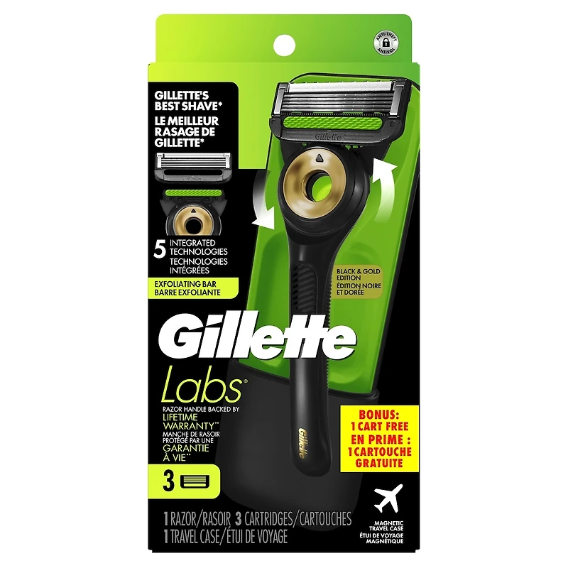 Rasoir Gillette Labs pour hommes avec barre exfoliante, édition noire et dorée, 1 manche, 3 cartouches de rechange, comprend un étui de voyage pour un rangement pratique lors de vos déplacements