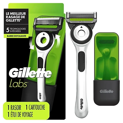 Rasoir Gillette Labs pour hommes avec barre exfoliante, édition blanc vif, 1 manche, 1 cartouche de rechange, 1 étui de voyage