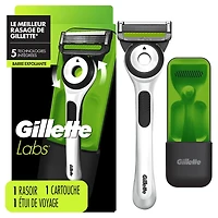 Rasoir Gillette Labs pour hommes avec barre exfoliante, édition blanc vif, 1 manche, 1 cartouche de rechange, 1 étui de voyage