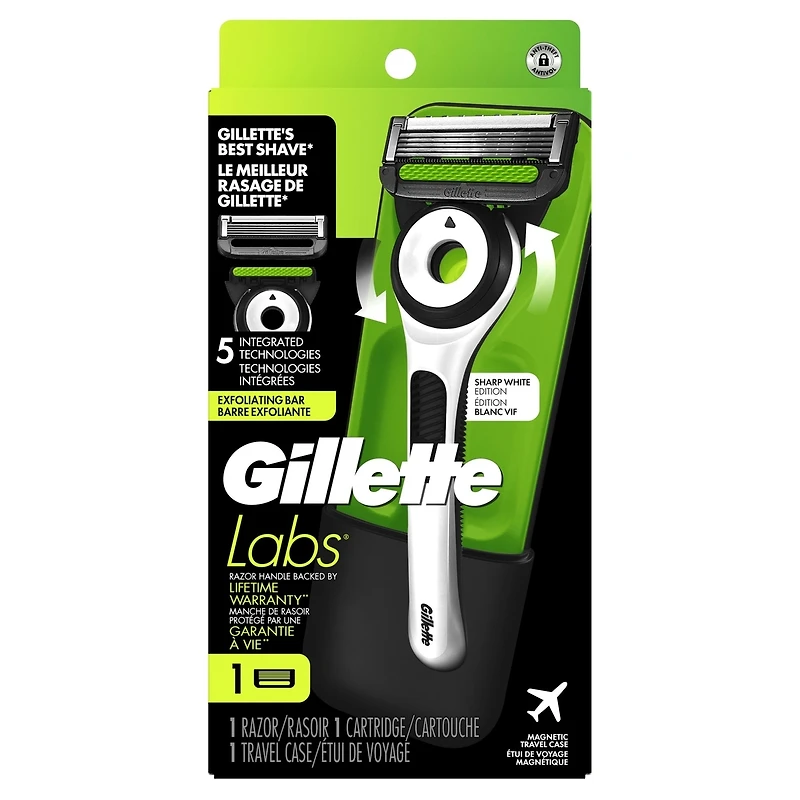 Rasoir Gillette Labs pour hommes avec barre exfoliante, édition blanc vif, 1 manche, 1 cartouche de rechange, 1 étui de voyage