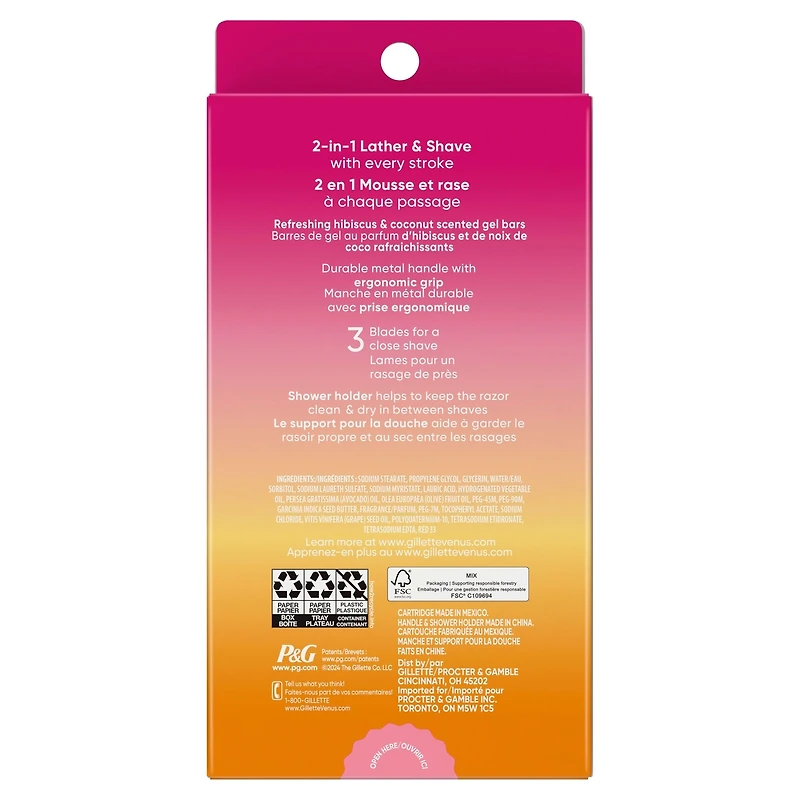 Rasoir Venus GlisseConfort Crépuscule à Miami, 1 rasoir pour femmes, 2 cartouches
