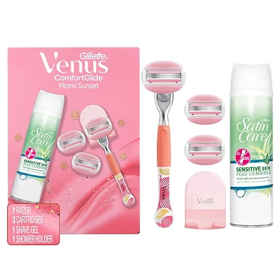 Manche de rasoir GlisseConfort Crépuscule à Miami, 3 cartouches, 1 crochet pour la douche, gel à raser Sensible, 198 g (7 oz), cadeaux des Fêtes pour femmes