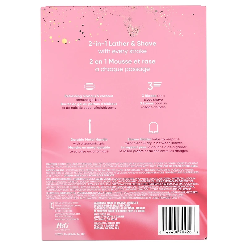 Manche de rasoir GlisseConfort Crépuscule à Miami, 3 cartouches, 1 crochet pour la douche, gel à raser Sensible, 198 g (7 oz), cadeaux des Fêtes pour femmes