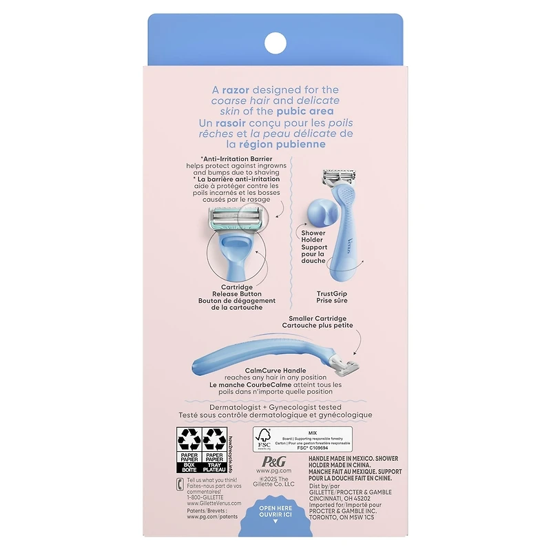 Rasoir pour la peau et les poils pubiens, pour bikini, pour femmes, manche de rasoir et 2 cartouches