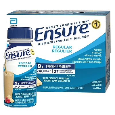 Ensure Régulier, Supplément Nutritionnel, Alimentation Pour Rester Actif Et Plein d'Énergie, Chocolat Blanc Et Framboise, 6 Bouteilles De 235 mL