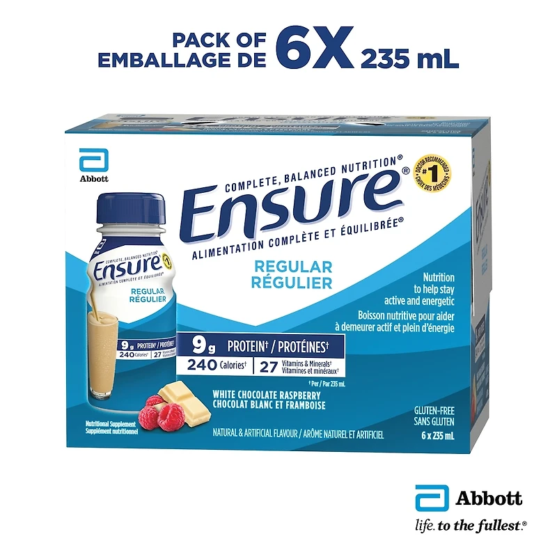 Ensure Régulier, Supplément Nutritionnel, Alimentation Pour Rester Actif Et Plein d'Énergie, Chocolat Blanc Et Framboise, 6 Bouteilles De 235 mL