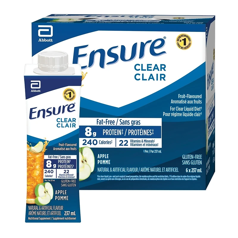 Ensure Clair, Boisson nutritive sous forme de liquide clair, Supplément nutritionnel rafraîchissant à saveur de fruits, Pomme, 6 bouteilles de 237 mL