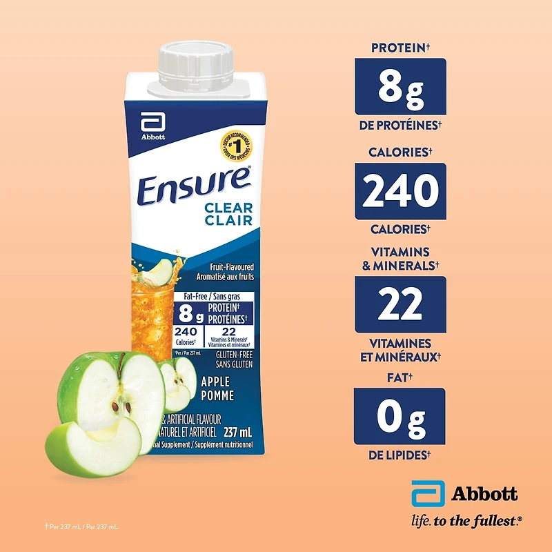 Ensure Clair, Boisson nutritive sous forme de liquide clair, Supplément nutritionnel rafraîchissant à saveur de fruits, Pomme, 6 bouteilles de 237 mL