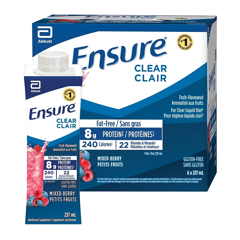 Ensure Clear, Clear Liquid Nutrition Drink, Refreshing Fruit Flavoured Nutrional Supplement, Mixed Berry, 6 x 237-mL Bottles