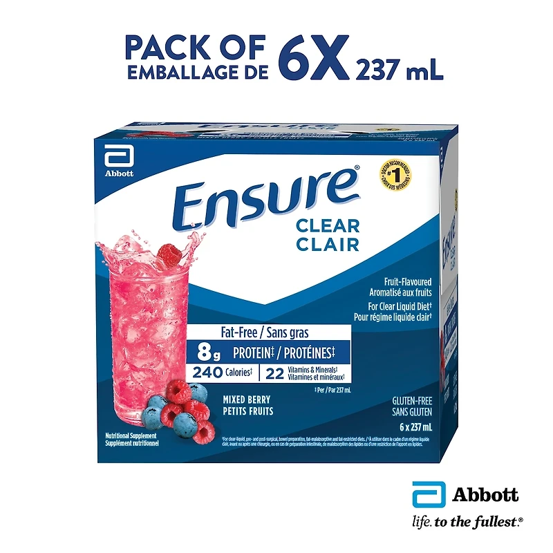 Ensure Clear, Clear Liquid Nutrition Drink, Refreshing Fruit Flavoured Nutrional Supplement, Mixed Berry, 6 x 237-mL Bottles