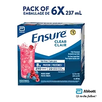 Ensure Clear, Clear Liquid Nutrition Drink, Refreshing Fruit Flavoured Nutrional Supplement, Mixed Berry, 6 x 237-mL Bottles
