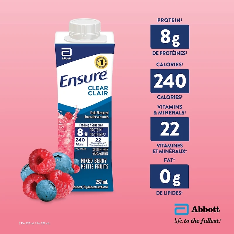 Ensure Clear, Clear Liquid Nutrition Drink, Refreshing Fruit Flavoured Nutrional Supplement, Mixed Berry, 6 x 237-mL Bottles