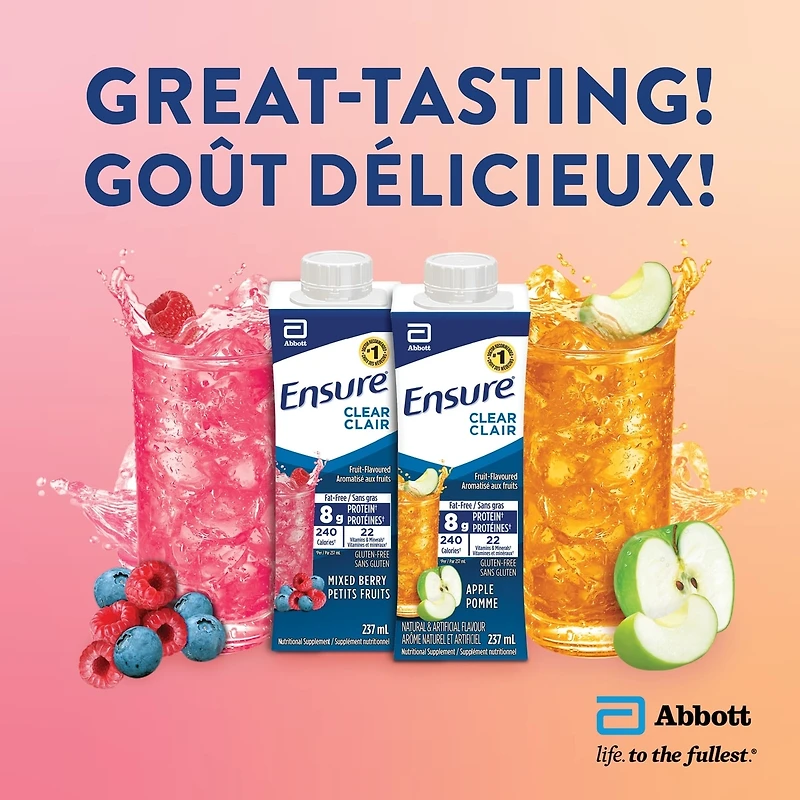 Ensure Clear, Clear Liquid Nutrition Drink, Refreshing Fruit Flavoured Nutrional Supplement, Mixed Berry, 6 x 237-mL Bottles