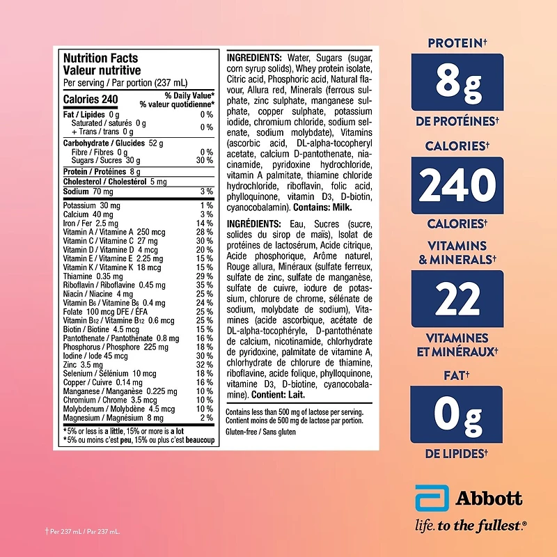 Ensure Clear, Clear Liquid Nutrition Drink, Refreshing Fruit Flavoured Nutrional Supplement, Mixed Berry, 6 x 237-mL Bottles