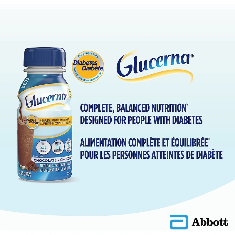 Glucerna® Nutritional Drink, Meal Replacement Shake, Complete, Balanced Nutrition for People with Diabetes, Chocolate, 6 x 237 mL