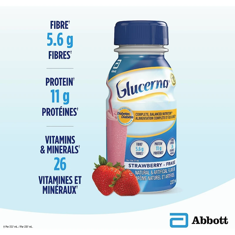 Boisson nutritive Glucerna®, substitut de repas, alimentation complète et équilibrée pour les personnes diabétiques, fraise, 6 x 237 mL