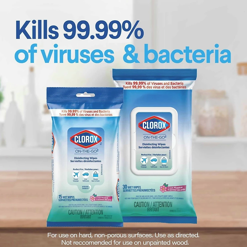 CLOROX ON-THE-GO SERVIETTES DÉSINFECTANTES FRAICHEUR DES PRÉS, Pouche de 15