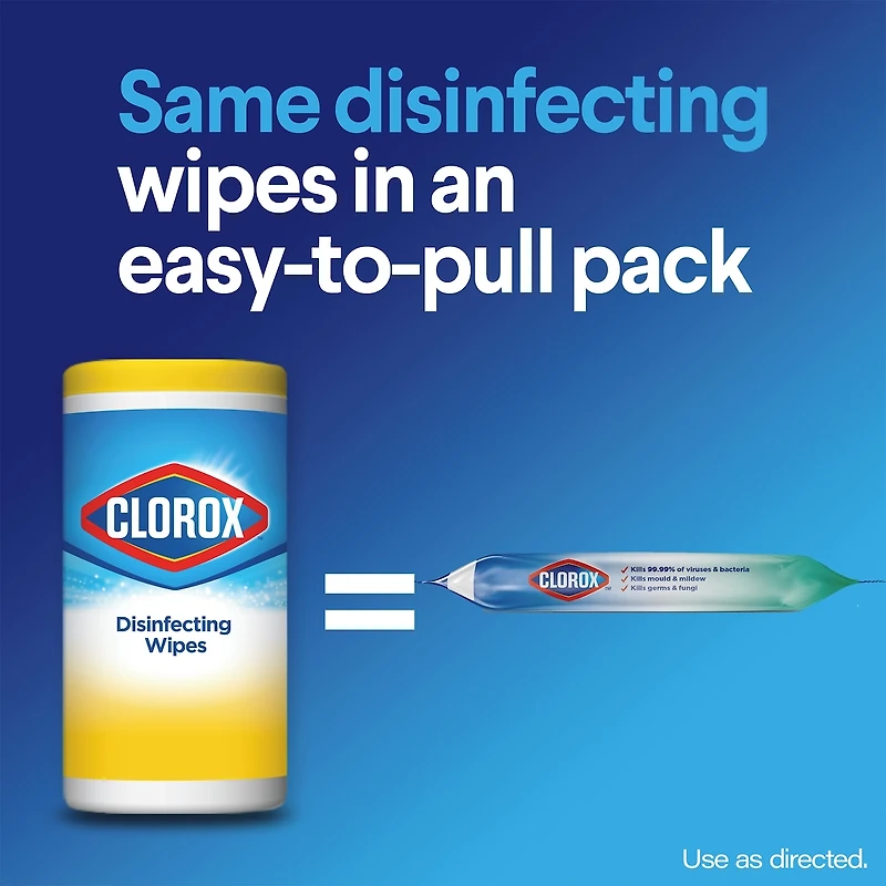 CLOROX ON-THE-GO SERVIETTES DÉSINFECTANTES FRAICHEUR DES PRÉS, Pouche de 15