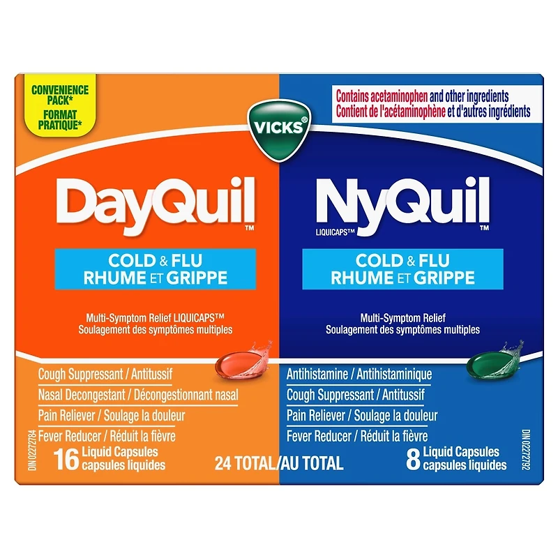 Cap liq DayQuil Rhume grippe symp mult + Cap liq Vicks NyQuil Rhume grippe sympt mult