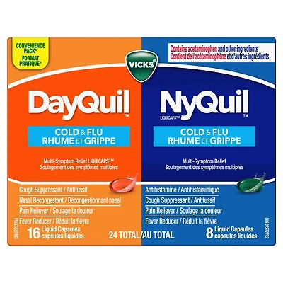 Cap liq DayQuil Rhume grippe symp mult + Cap liq Vicks NyQuil Rhume grippe sympt mult