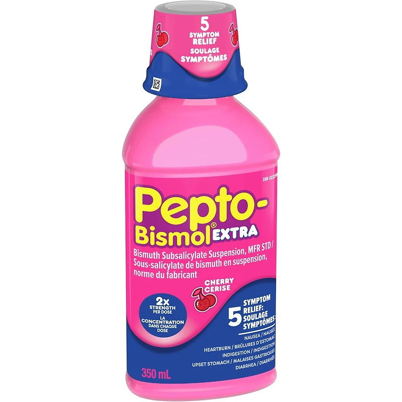 LIQUIDE EXTRA FORT PEPTO soulage la nausée, les brûlures d’estomac, l’indigestion, les malaises gastriques et la diarrhée SAVEUR DE CERISE 12oz/350mL