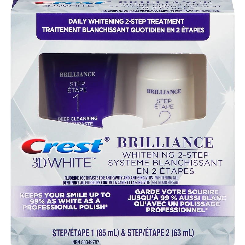 Dentifrice en deux étapes Crest 3D White Brillance + gel blanchissant, tubes de 85 et de 63 mL