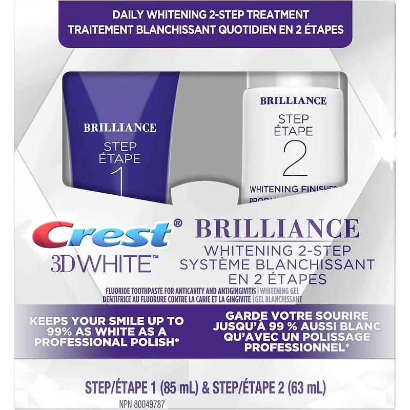 Dentifrice en deux étapes Crest 3D White Brillance + gel blanchissant, tubes de 85 et de 63 mL