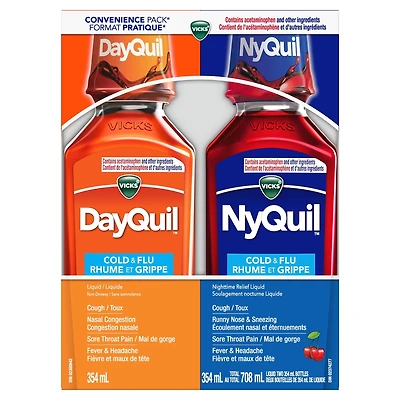 Médicament liquide Vicks DayQuil et NyQuil rhume et grippe, soulagement diurne et nocturne de symptômes multiples : maux de tête, fièvre, mal de gorge, courbatures et douleurs mineures, toux, format pratique, 2 bouteilles de 354 mL