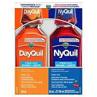 Médicament liquide Vicks DayQuil et NyQuil rhume et grippe, soulagement diurne et nocturne de symptômes multiples : maux de tête, fièvre, mal de gorge, courbatures et douleurs mineures, toux, format pratique, 2 bouteilles de 354 mL