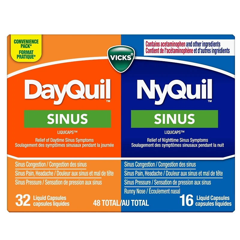 DayQuil Sinus Liquid Capsules + Vicks NyQuil Sinus Liquid Capsules, Total 48 Count