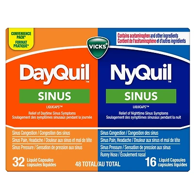 DayQuil Sinus Liquid Capsules + Vicks NyQuil Sinus Liquid Capsules, Total 48 Count
