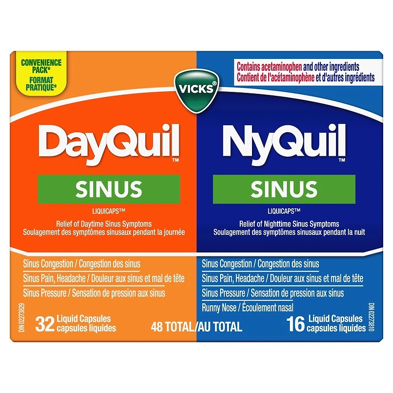 DayQuil Sinus Liquid Capsules + Vicks NyQuil Sinus Liquid Capsules, Total 48 Count